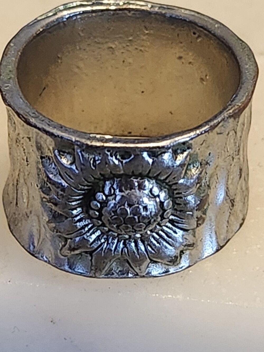 Silver Sunflower Wide Band Ring - Size 11